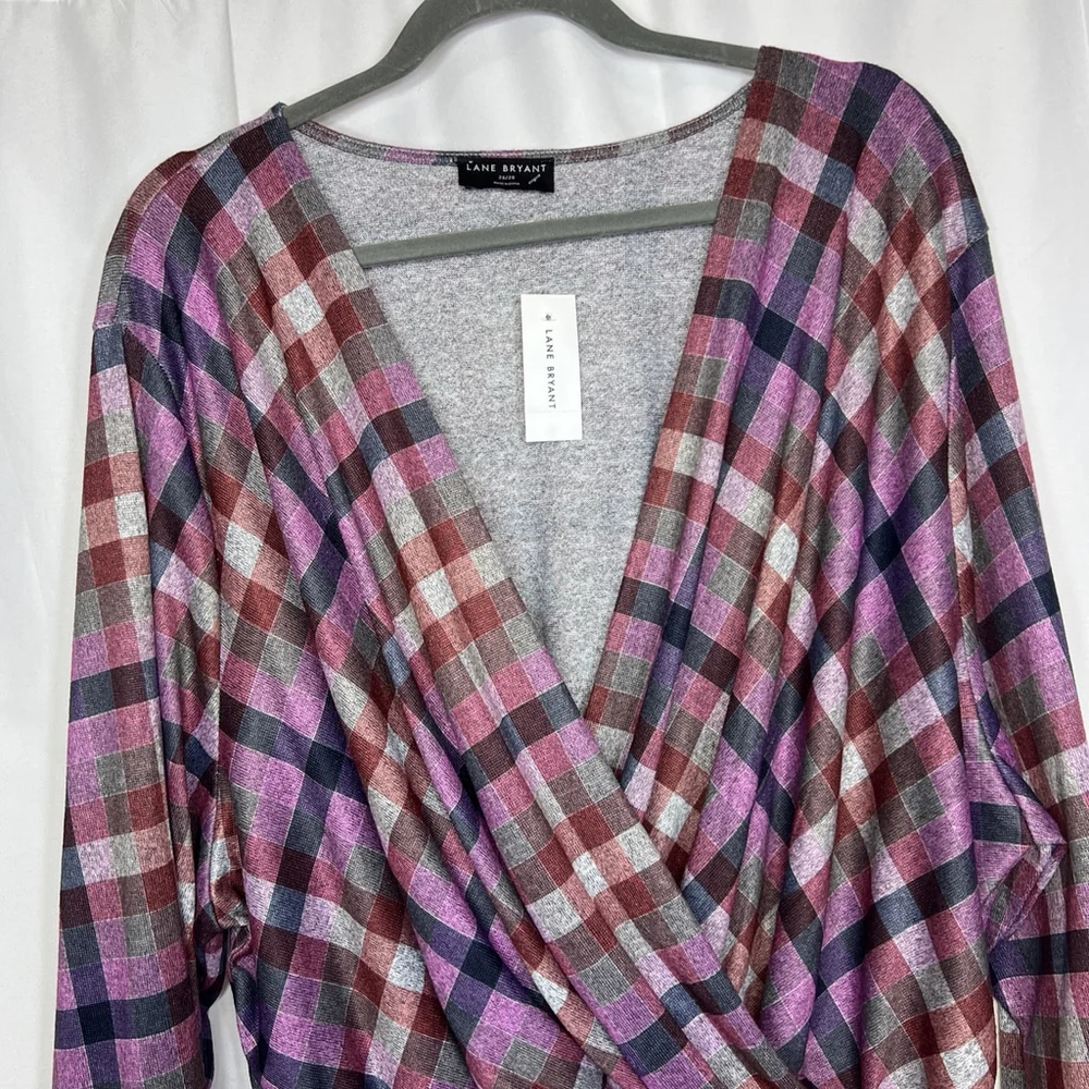 LANE BRYANT Women’s Classic Faux-Wrap Plaid Top Long Sleeve Shirt Size 26-28/4X